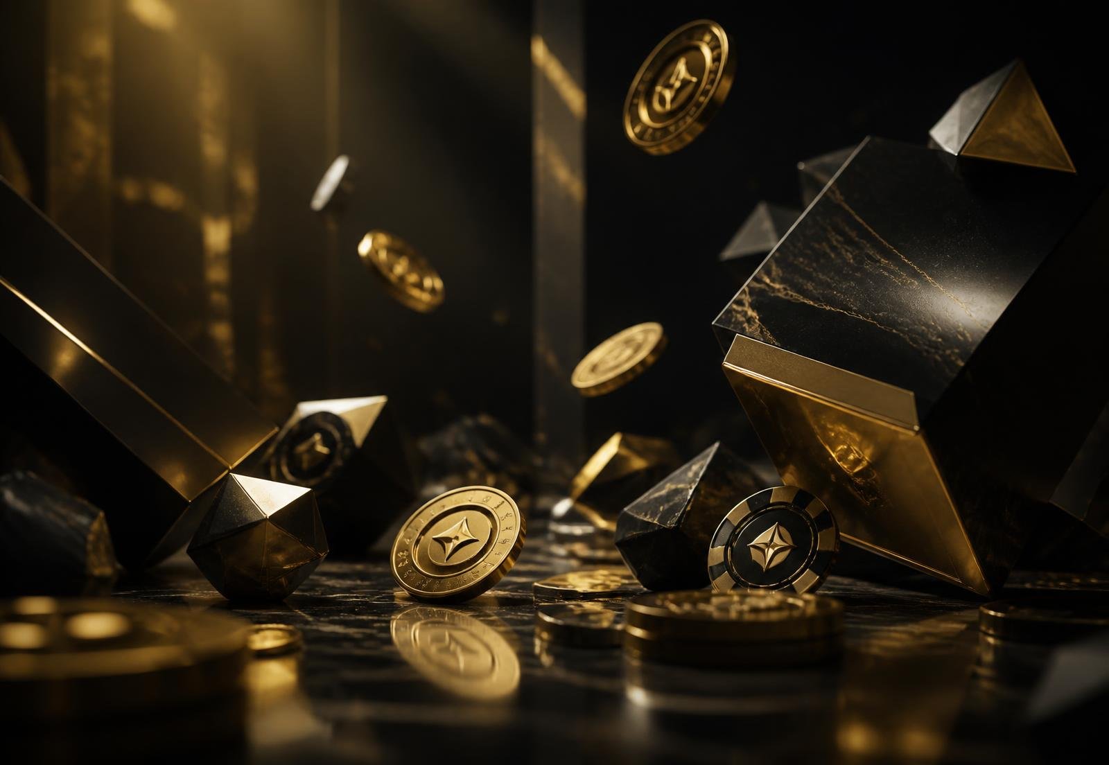 Premium promotional artwork with gold reward tokens on a dark background